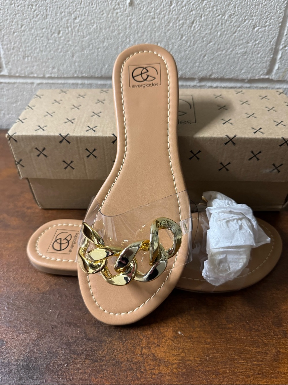 Levergledes Nude Clear Chain Slide Sandal - Picture 1 of 5